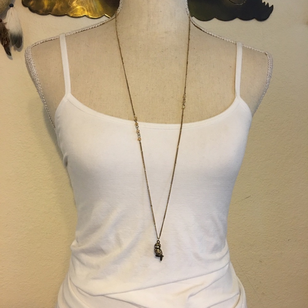 Vintage rhinestone owl pendant long gold chain - Picture 3 of 8